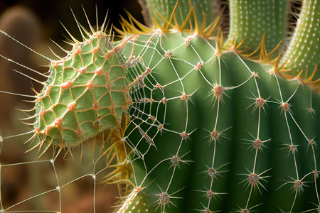close-up of cactus with a spiderweb on its spines, created with generative aiの素材