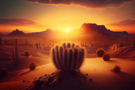 desert sunset, with the sun setting behind a cactus and sand dunes, created with generative aiの素材