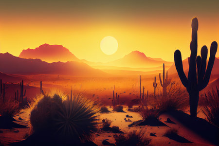 desert landscape with dunes and cactus in foreground, sun setting in the background, created with generative aiの素材
