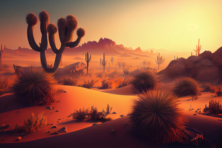 desert landscape with cacti and sand dunes, surrounded by sunset sky, created with generative aiの素材