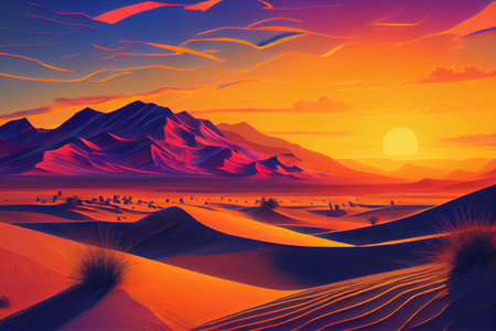desert sunset with colorful sky and sand dunes in the background, created with generative aiの素材