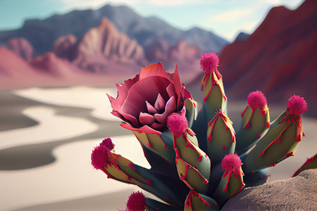 close-up of cactus flower, with sand dunes and mountains in the background, created with generative aiの素材