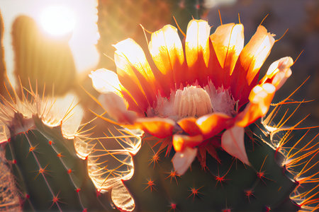 close-up of cactus flower, with the desert sun shining behind, created with generative aiの素材