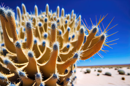 close-up of cactus with blades of sand dunes and blue sky in the background, created with generative aiの素材