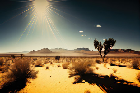 cloudless sky with sun shining down on desert landscape, creating dramatic shadows and light, created with generative aiの素材