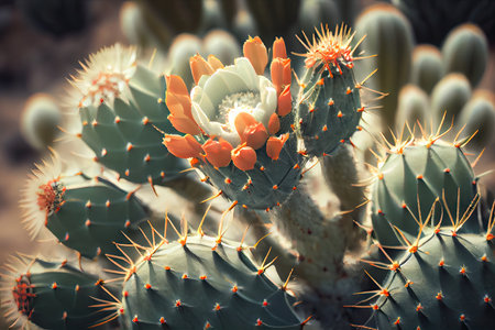 close-up of a cactus in the desert with its spiny leaves and flowers visible, created with generative aiの素材