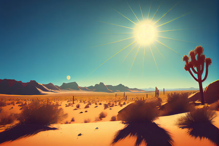 cloudless sky with sun shining down on desert landscape, creating dramatic shadows and light, created with generative aiの素材