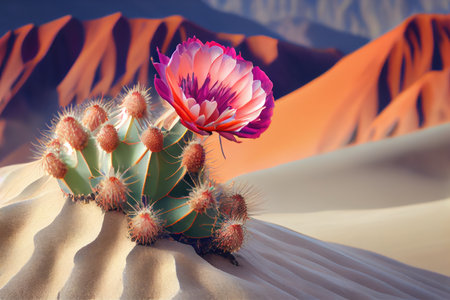 close-up of cactus flower, with sand dunes and mountains in the background, created with generative aiの素材