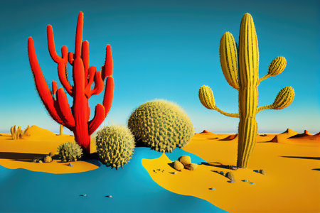 desert scene, with yellow sand and red cactus against blue sky, created with generative aiの素材