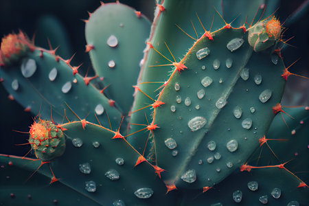 close-up of cactus plant with dew drops on the leaves, created with generative aiの素材