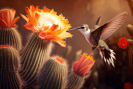 hummingbird hovering above cactus bloom in the desert, created with generative aiの素材