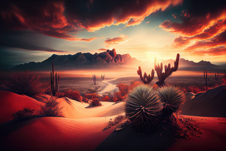 desert landscape with cactus and sand dunes in the foreground and dramatic sunset sky, created with generative aiの素材