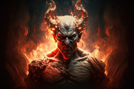 devil, surrounded by flames and smoke, torturing souls in hell, created with generative aiの素材