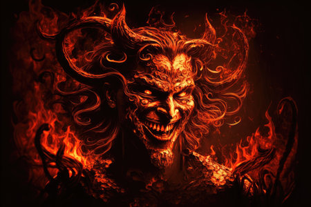 devil, surrounded by flames and smoke, laughs maniacally in hell, created with generative aiの素材