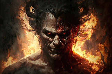 devil, surrounded by flames and smoke, tormenting souls in hell, created with generative aiの素材