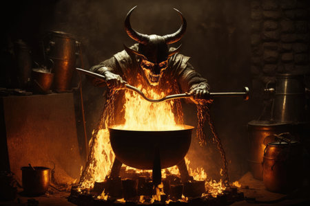 devil, filling cauldron of molten metal with pitchfork, in hellish workshop, created with generative aiの素材