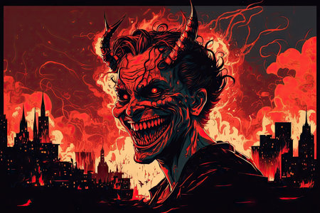 devil, with view of chaotic and fiery hellscape, laughing maniacally, created with generative aiの素材
