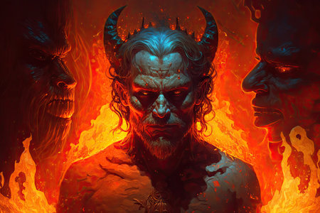 devil, surrounded by fire and brimstone, casting judgment on the damned, created with generative aiの素材