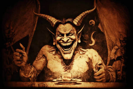 devil, laughing and mocking at the horrors of hell, in grotesque parody of divine justice, created with generative aiの素材
