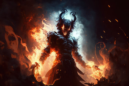 devil, surrounded by flames and smoke, casting judgment on the damned, created with generative aiの素材