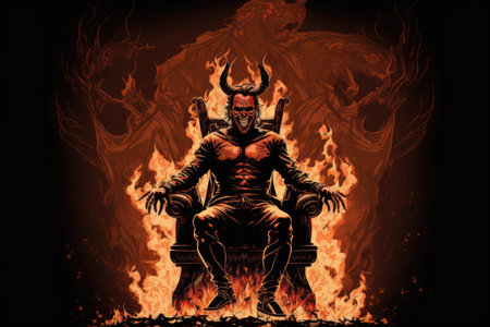 devil, sitting on throne of hell, with view of flames and tortured souls, created with generative aiの素材