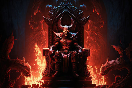 devil, sitting on throne of hell, with view of flames and tortured souls, created with generative aiの素材