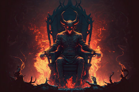 devil, sitting on throne of hell, with view of flames and tortured souls, created with generative aiの素材