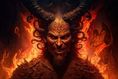 devil, surrounded by flames and smoke, tormenting souls in hell, created with generative aiの素材