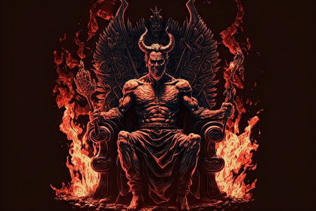 devil, sitting on throne at the heart of hell, surrounded by fire and brimstone, created with generative aiの素材