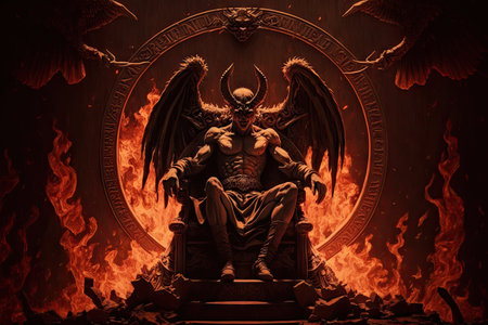 devil, sitting on throne at the heart of hell, surrounded by fire and brimstone, created with generative aiの素材