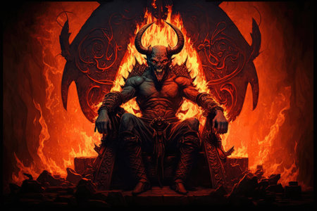 devil, sitting on throne at the heart of hell, surrounded by fire and brimstone, created with generative aiの素材