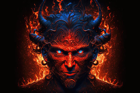 devil, surrounded by fiery flames of hell, casting his evil eye upon mortal souls, created with generative aiの素材