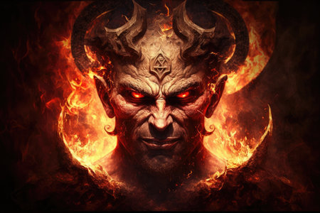 devil, surrounded by fiery flames of hell, casting his evil eye upon mortal souls, created with generative aiの素材