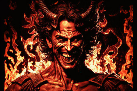 devil, surrounded by fire and brimstone, laughing maniacally in hell, created with generative aiの素材