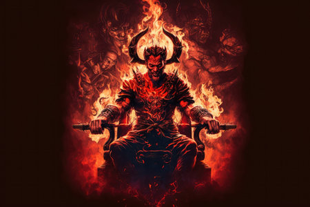 devil, sitting on throne of hell, surrounded by flames and smoke, created with generative aiの素材