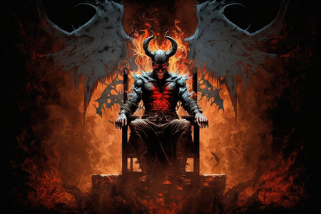 devil, sitting on throne of hell, surrounded by flames and smoke, created with generative aiの素材