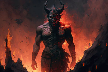 devil, with view of fiery pits and smoke rising from them, to inspire fear in the damned, created with generative aiの素材