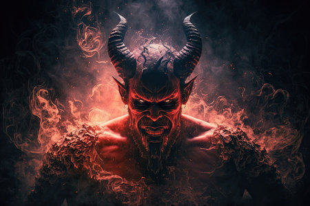 devil, surrounded by flames and smoke, preparing for attack, created with generative aiの素材