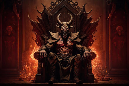 devil, sitting in fiery throne room, surrounded by cries of the damned, created with generative aiの素材
