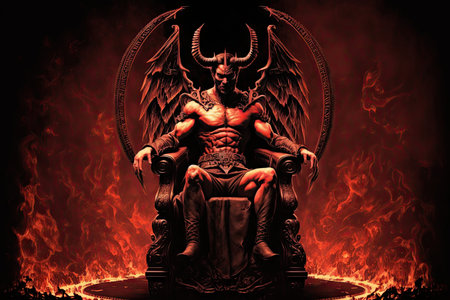 devil, sitting on throne of flames in hell, with view of suffering mortals, created with generative aiの素材