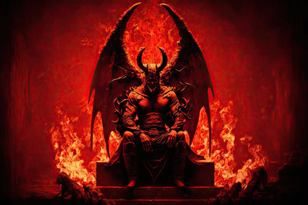 devil, sitting on throne of flames in hell, with view of suffering mortals, created with generative aiの素材