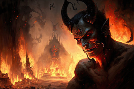 devil, enjoying view of hellfire and flames, with tortured souls in the background, created with generative aiの素材