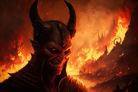 devil, enjoying view of hellfire and flames, with tortured souls in the background, created with generative aiの素材