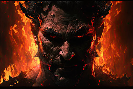 devil, surrounded by flames of hell, casting his gaze upon the infernal kingdom, created with generative aiの素材