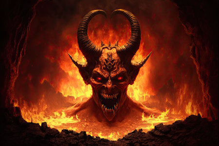 devil, with view of fiery hellscape, tormenting souls in the depths of hell, created with generative aiの素材