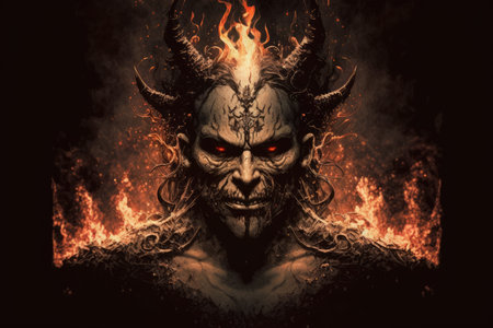 the devil, surrounded by hellfire, rises from the abyss to bring suffering upon mankind, created with generative aiの素材