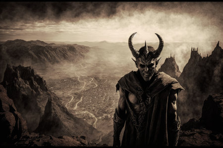 devil, with view of hellish landscape, looking over souls of the damned, created with generative aiの素材