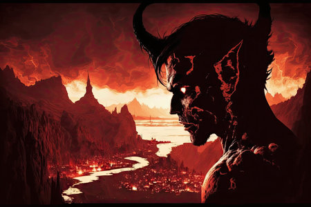 devil, with view of hellish landscape, looking over souls of the damned, created with generative aiの素材