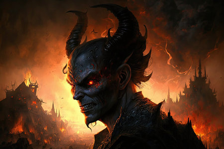 devil, watching over battlefields of hell, with the screams and cries of the damned in the background, created with generative aiの素材