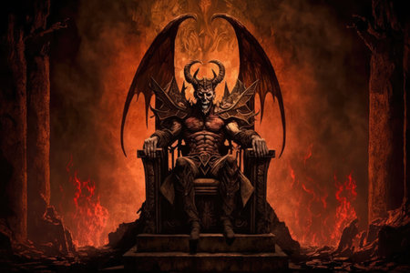 devil, sitting on throne in hell, with view of endless tortured souls, created with generative aiの素材